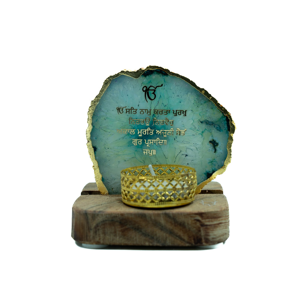 Ik Onkar Mantra Green Agate Tealight Wooden