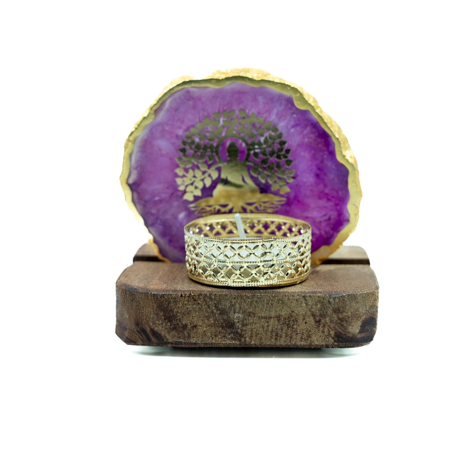 Budha Tree Pink Agate Tealight Wooden