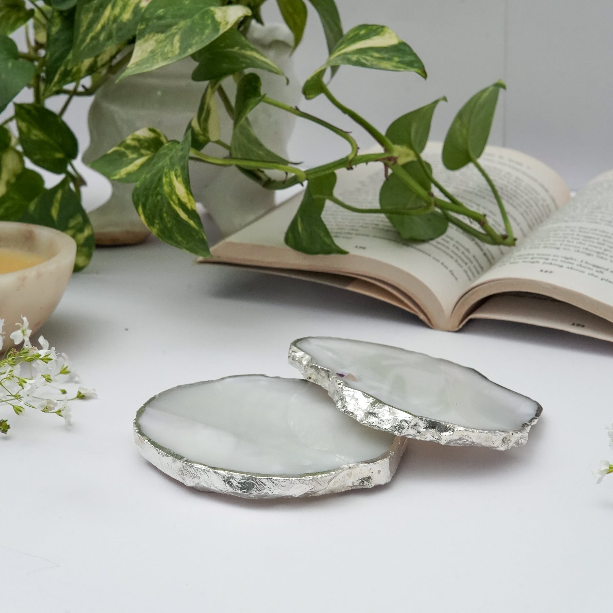 Green  Natural Brazilian Agate Coaster with Silver Plating