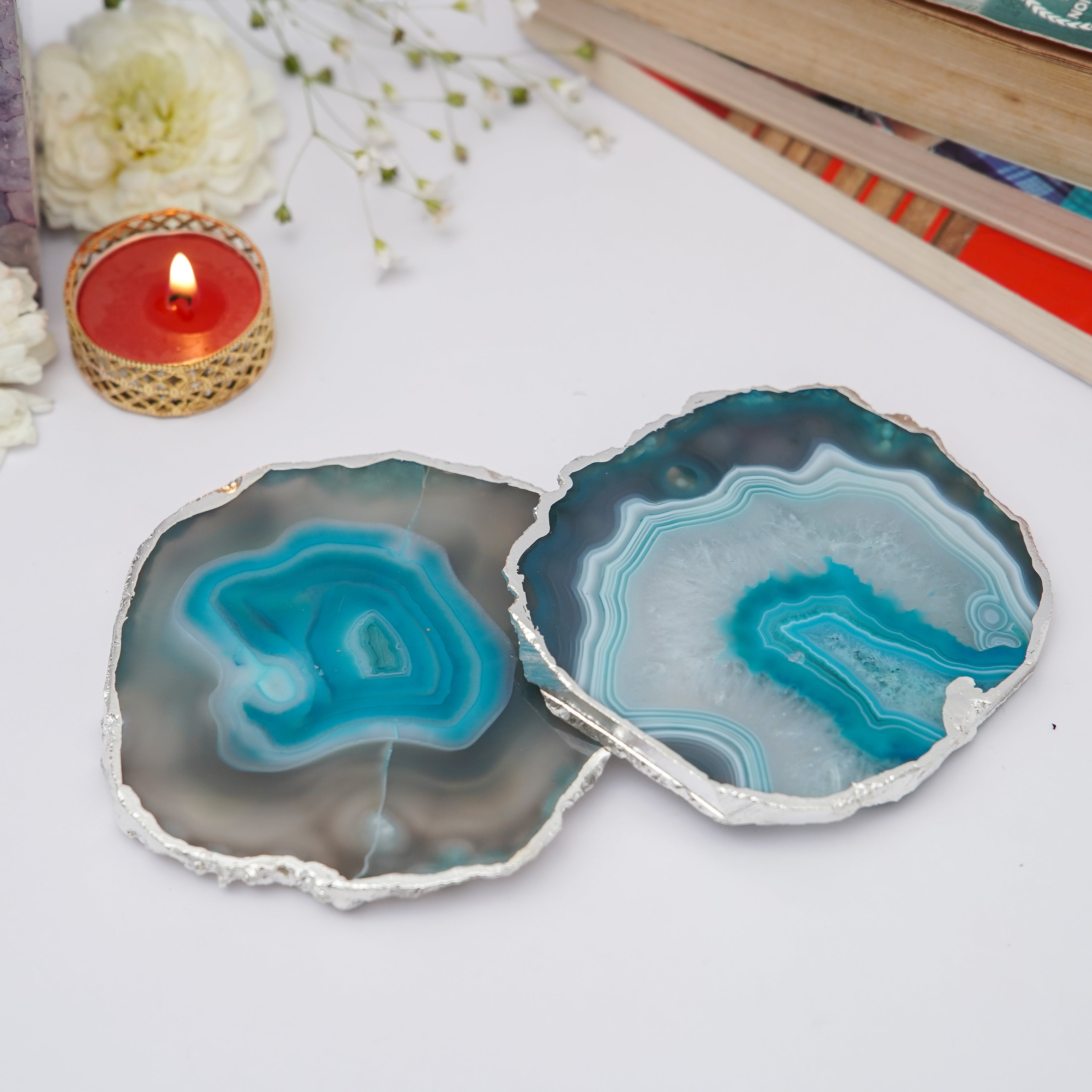Green  Natural Brazilian Agate Coaster with Silver Plating