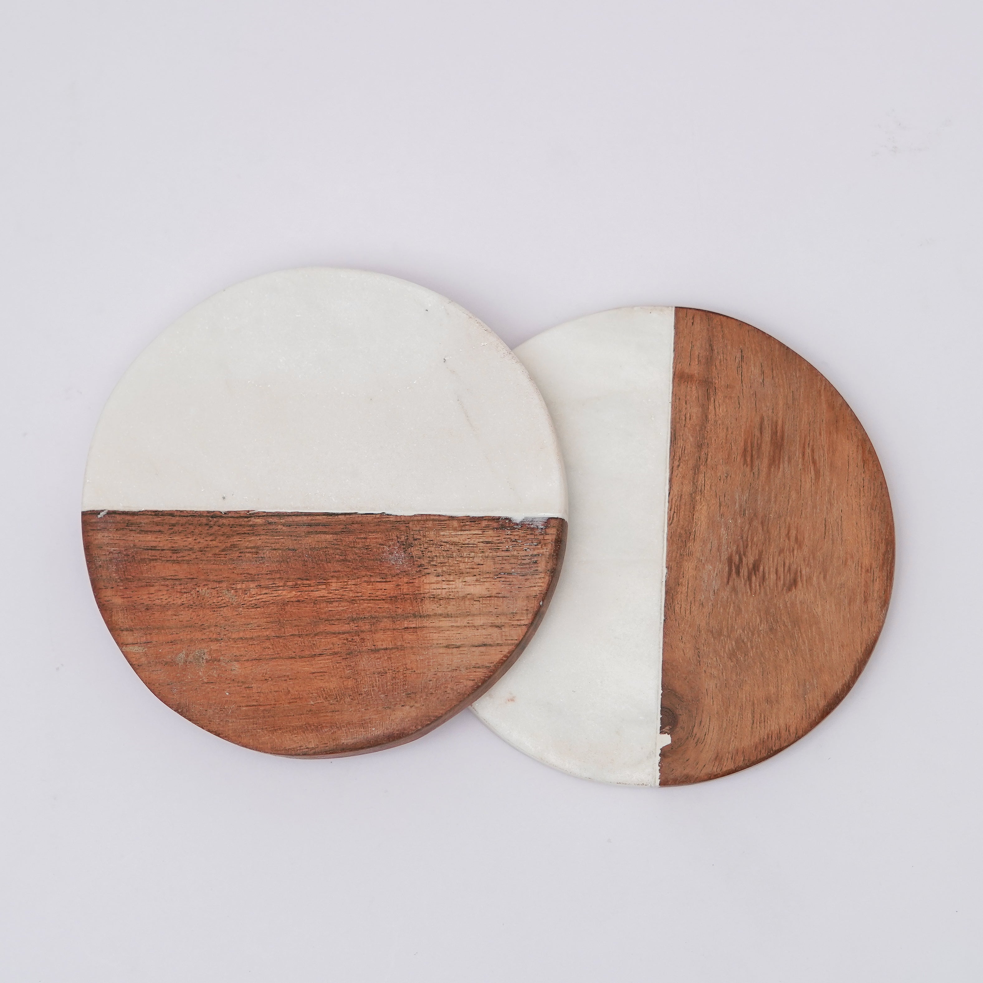 White  Marble and Wooden  Round Coaster