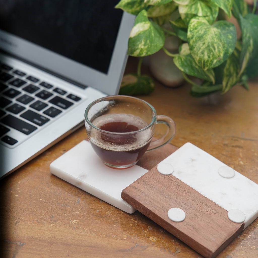 White  Marble and Wooden  Round Coaster