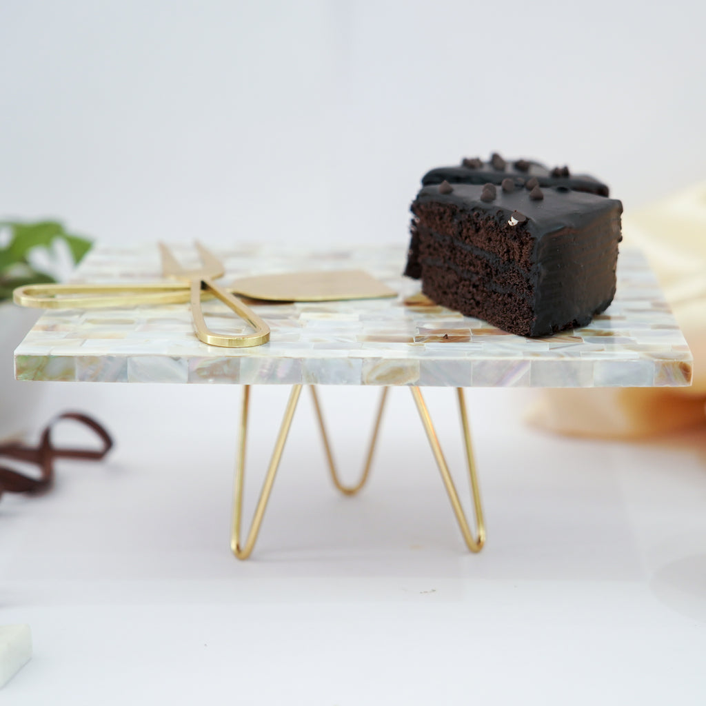 Mother of Pearl Rectanguler Cake Stand with Metal Base 10 x 8-Inch