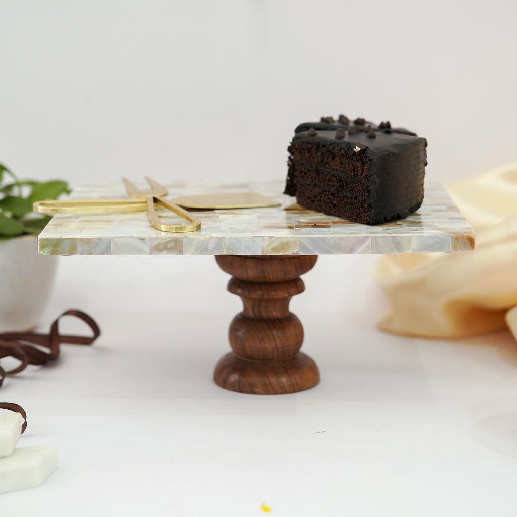 Mother of Pearl Rectanguler Cake Stand with Wooden Base 10 x 8-Inch