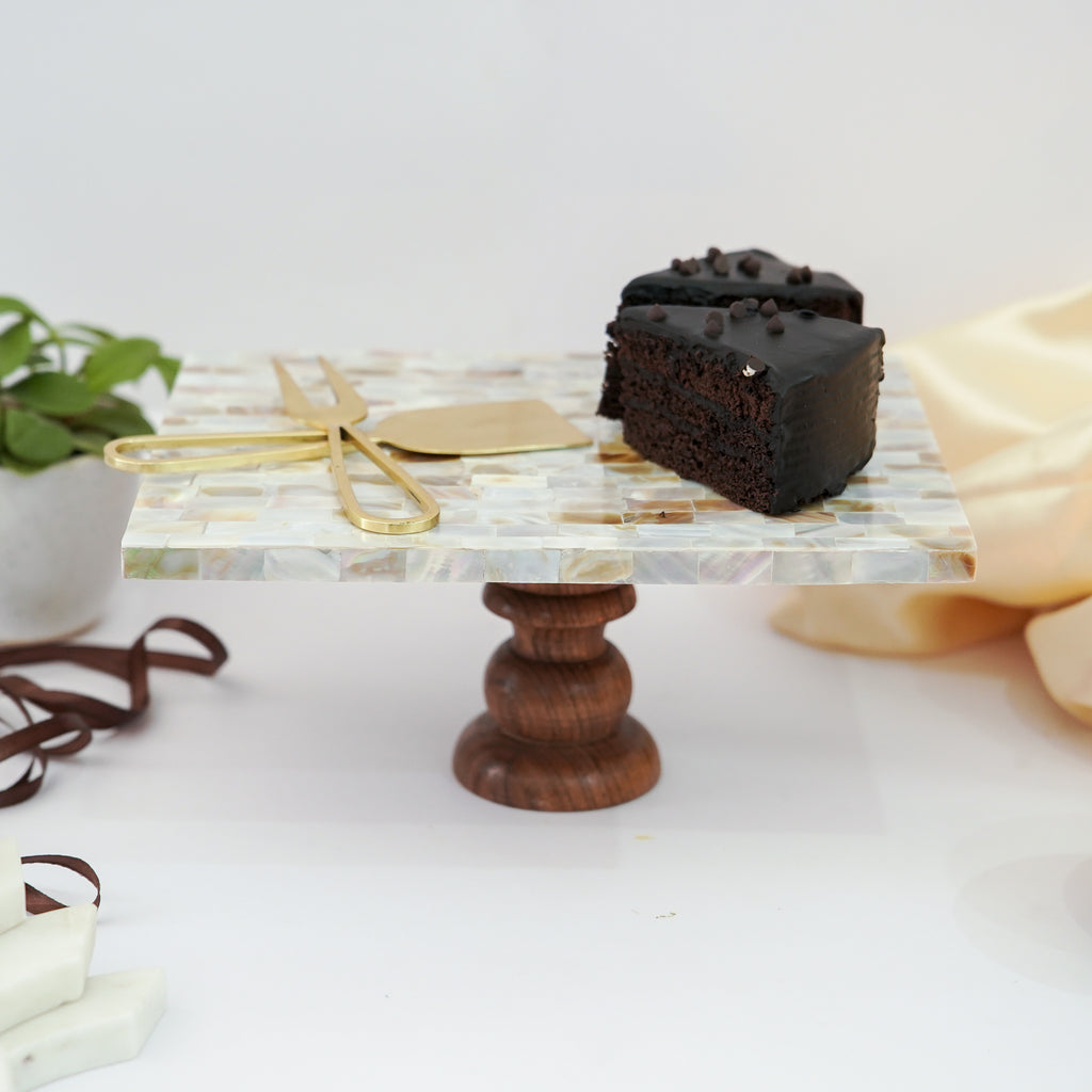 Mother of Pearl Rectanguler Cake Stand with Wooden Base 10 x 8-Inch