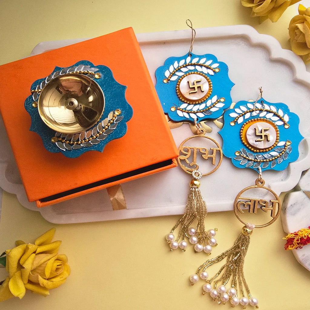 Brass Diya with Blue MDF Door Hangings & Gift Box