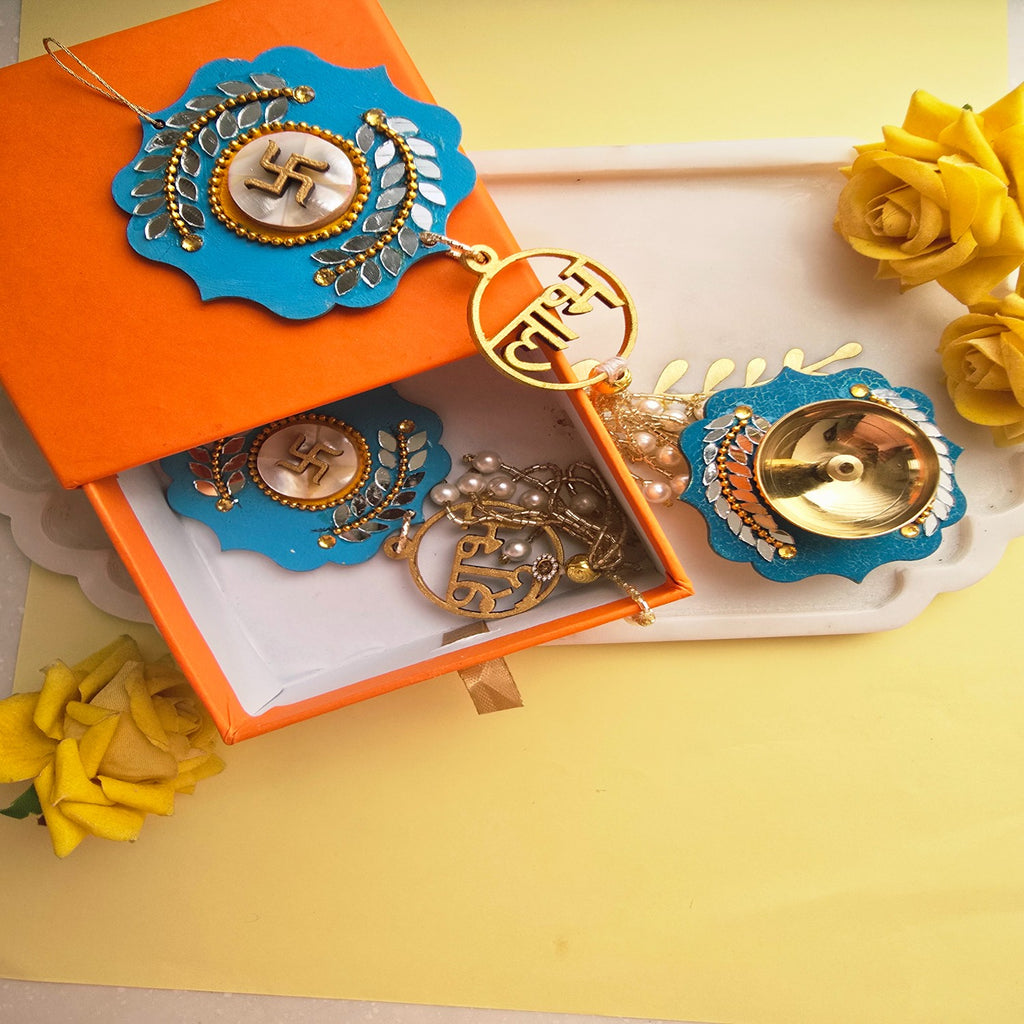 Brass Diya with Blue MDF Door Hangings & Gift Box