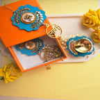Brass Diya with Blue MDF Door Hangings & Gift Box