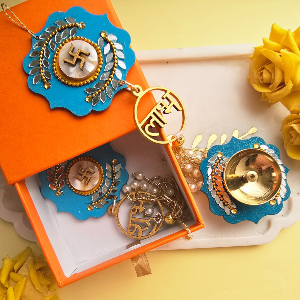 Brass Diya with Blue MDF Door Hangings & Gift Box