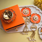 Brass Diya with Orange MDF Door Hangings & Gift Box Traditional Diya for Diwali