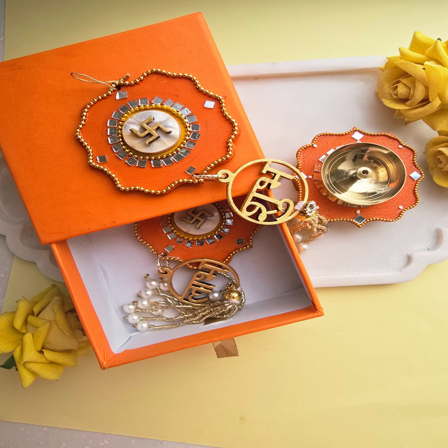 Brass Diya with Orange MDF Door Hangings & Gift Box Traditional Diya for Diwali