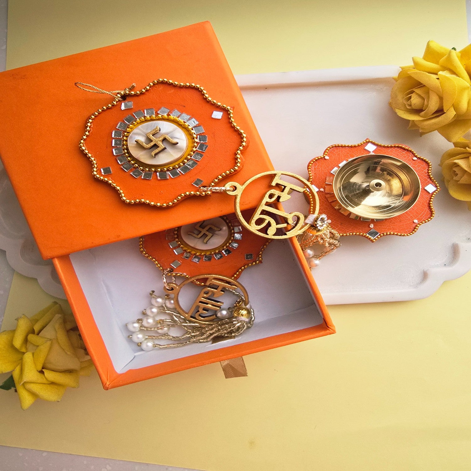 Brass Diya with Orange MDF Door Hangings & Gift Box Traditional Diya for Diwali