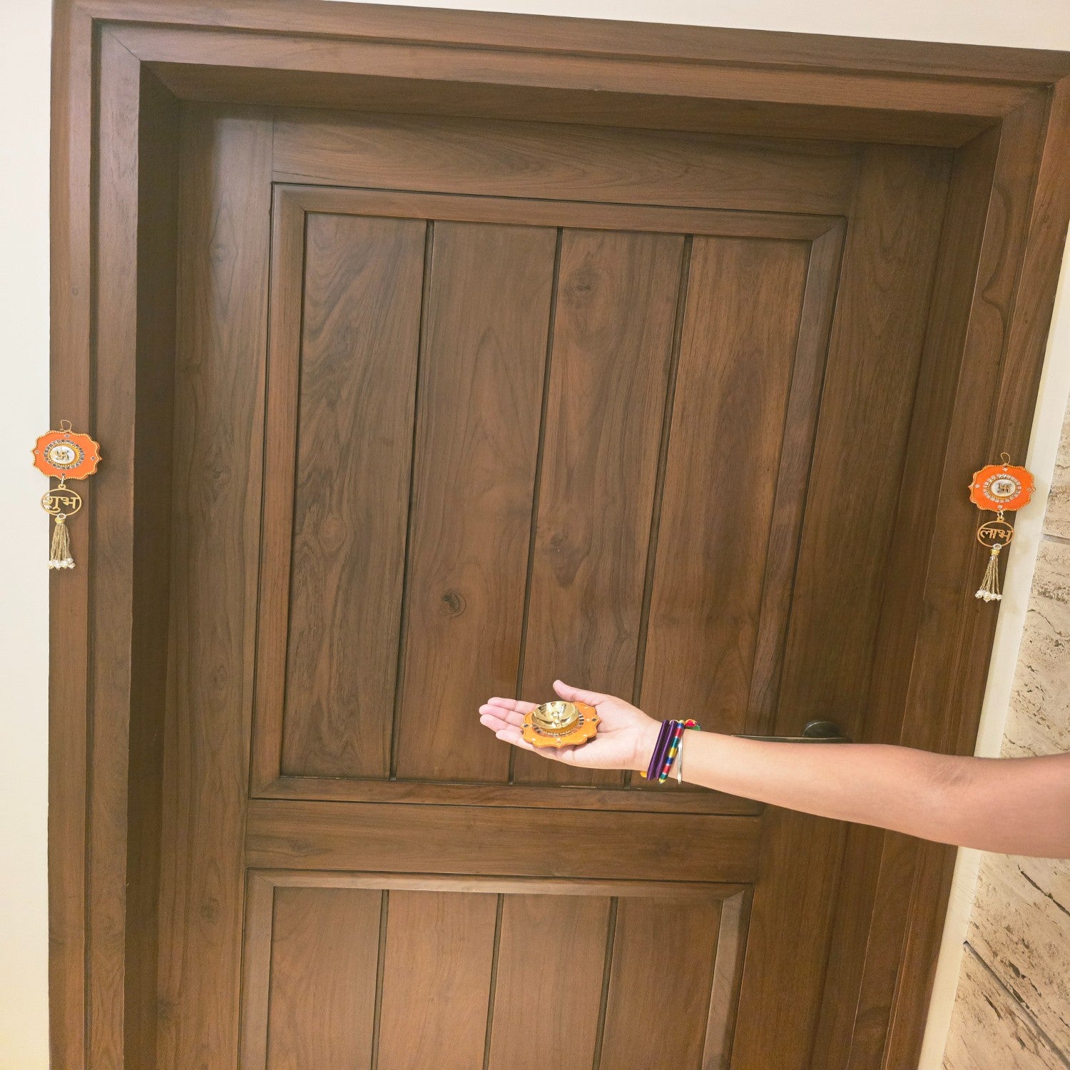 Brass Diya with Orange MDF Door Hangings & Gift Box Traditional Diya for Diwali