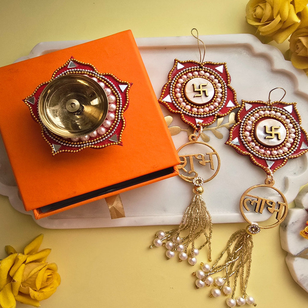 Brass Diya with Red MDF Door Hangings & Gift Box Traditional Diya for Diwali