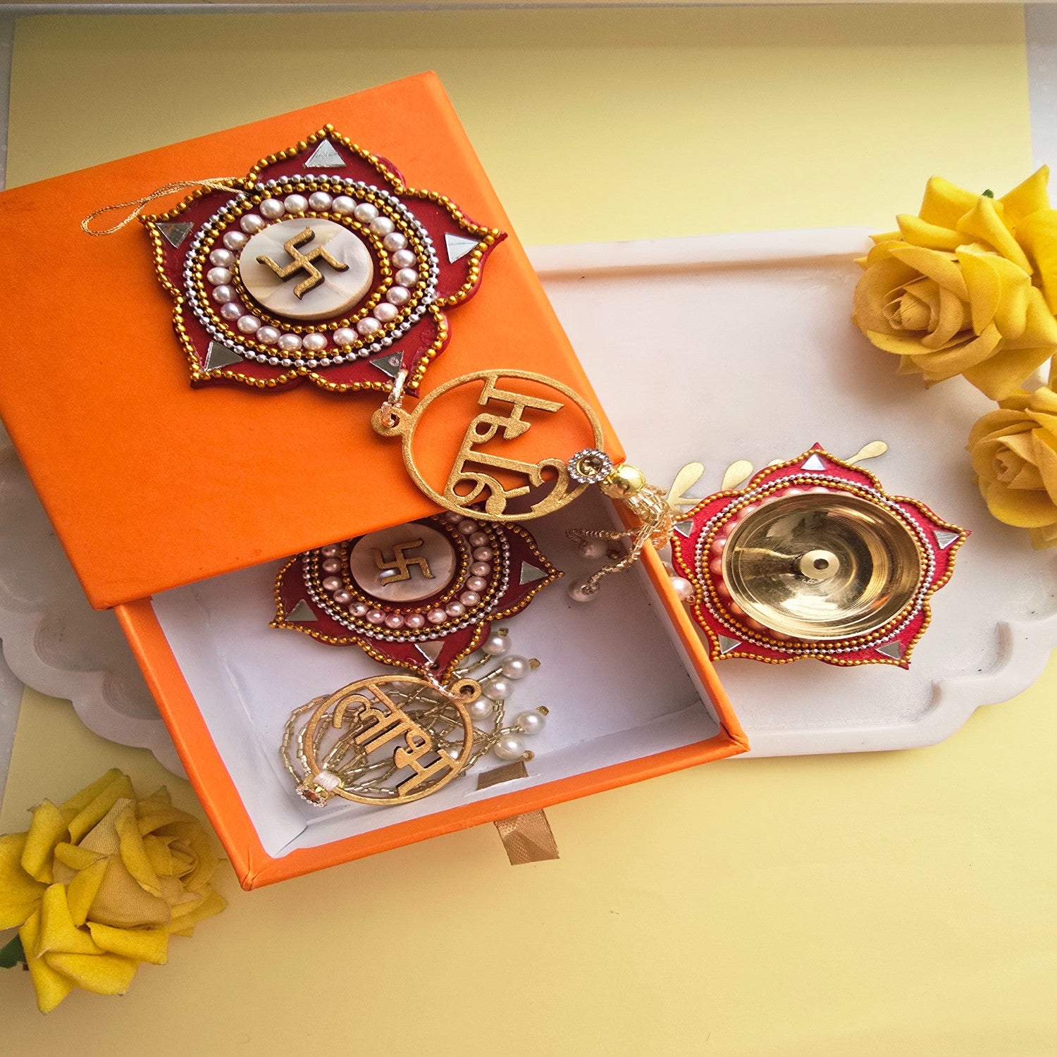 Brass Diya with Red MDF Door Hangings & Gift Box Traditional Diya for Diwali