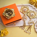 Brass Diya with Yellow MDF Door Hangings & Gift Box Traditional Diya for Diwali
