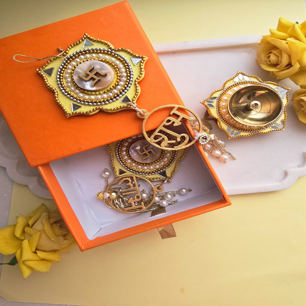 Brass Diya with Yellow MDF Door Hangings & Gift Box Traditional Diya for Diwali