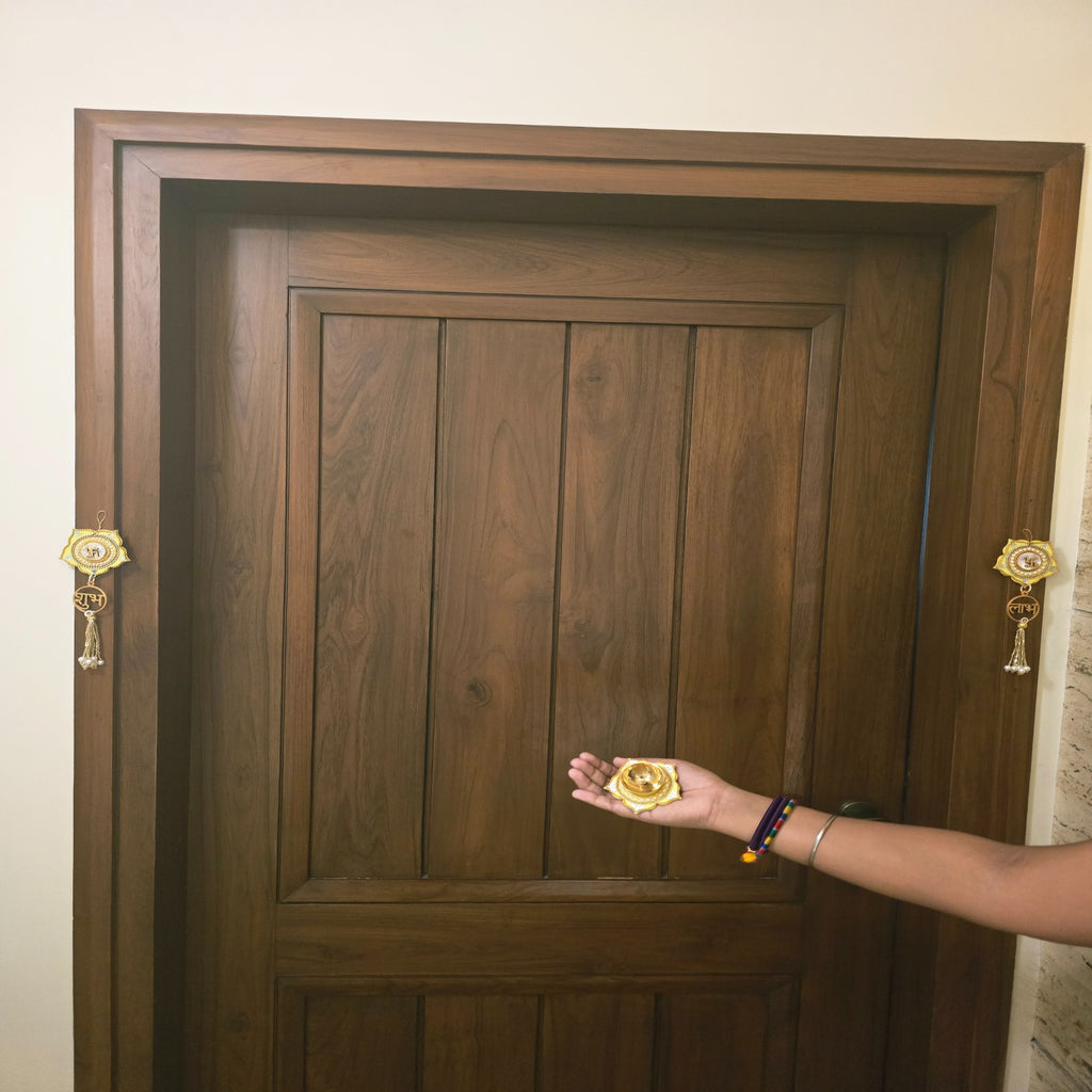 Brass Diya with Yellow MDF Door Hangings & Gift Box Traditional Diya for Diwali