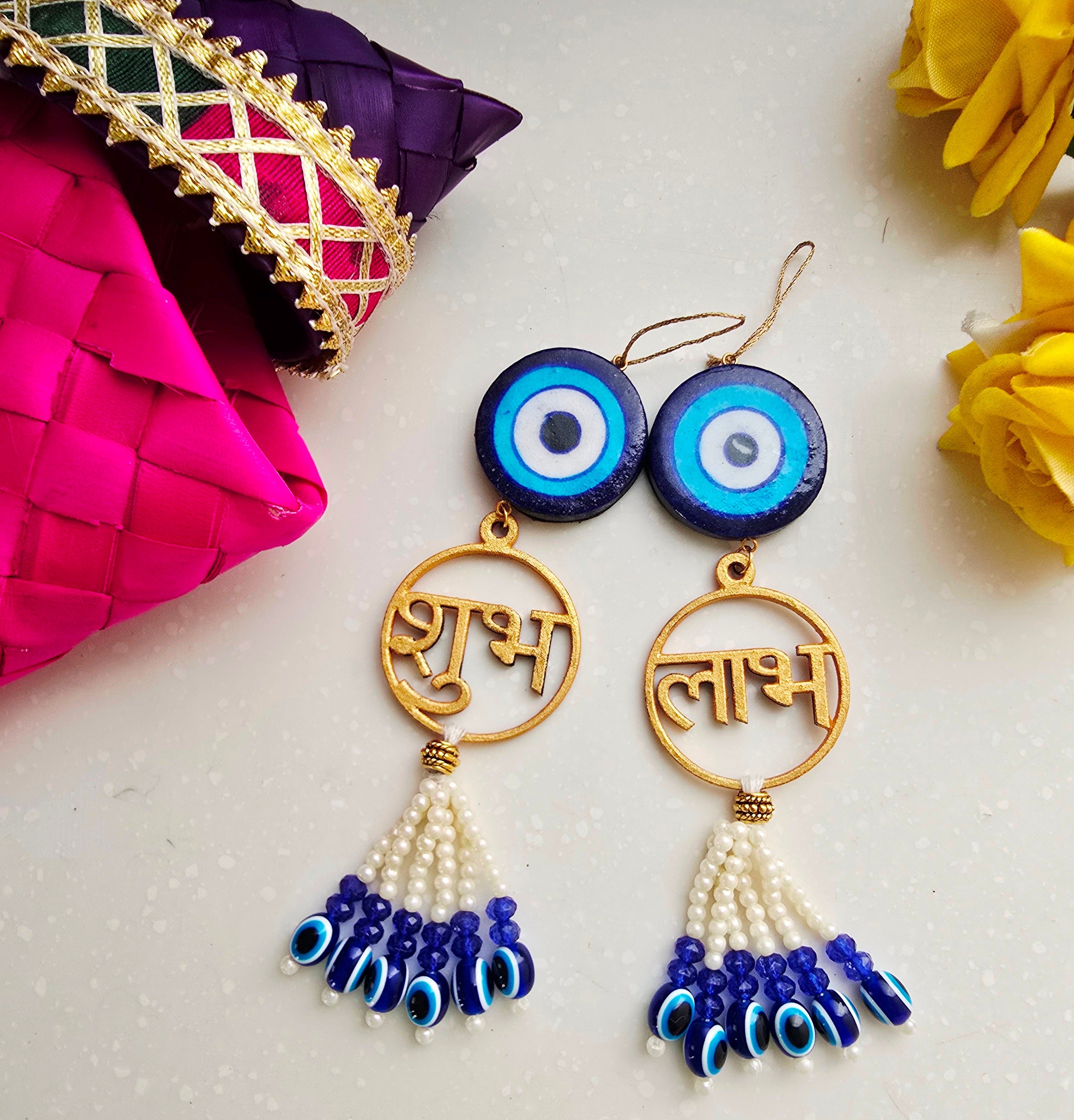 Blue Pottery Evil Eye Shubh Labh Door Hangings