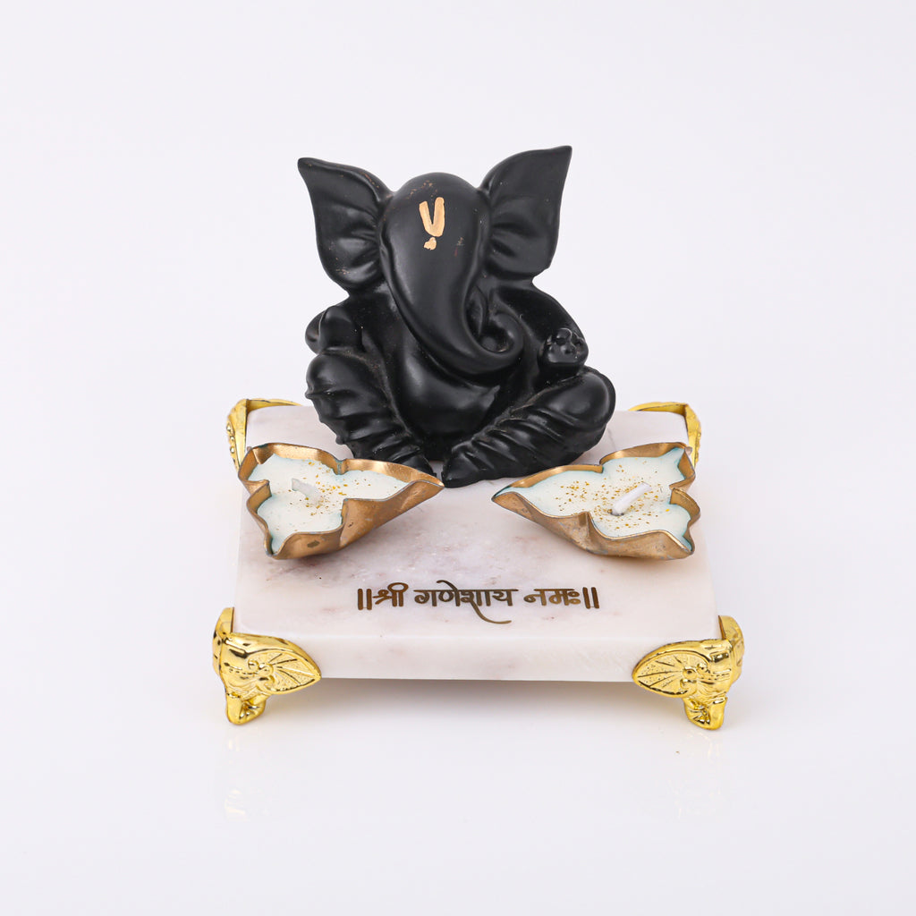 Black Ganesha With Marble Choki And Candles