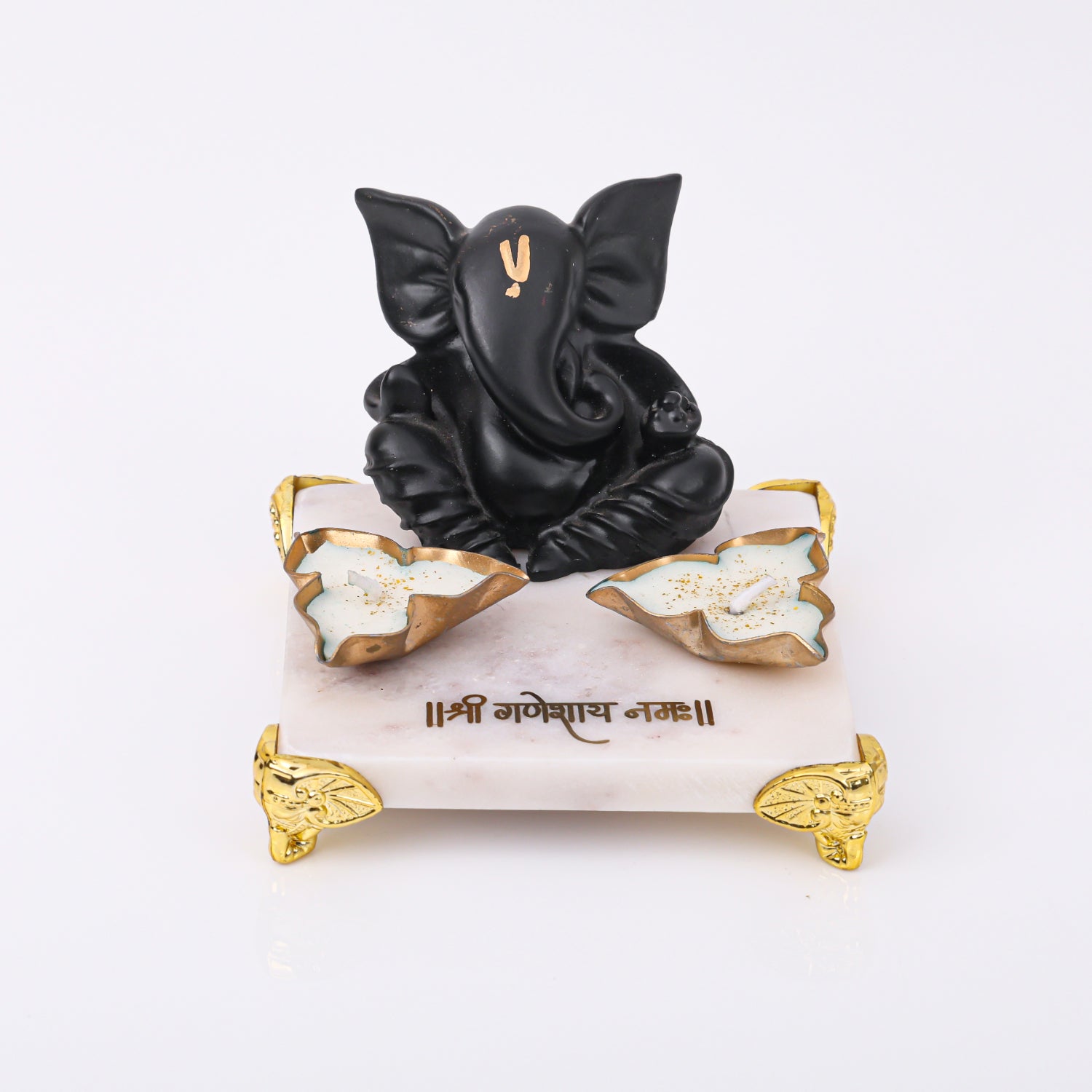 Black Ganesha With Marble Choki And Candles