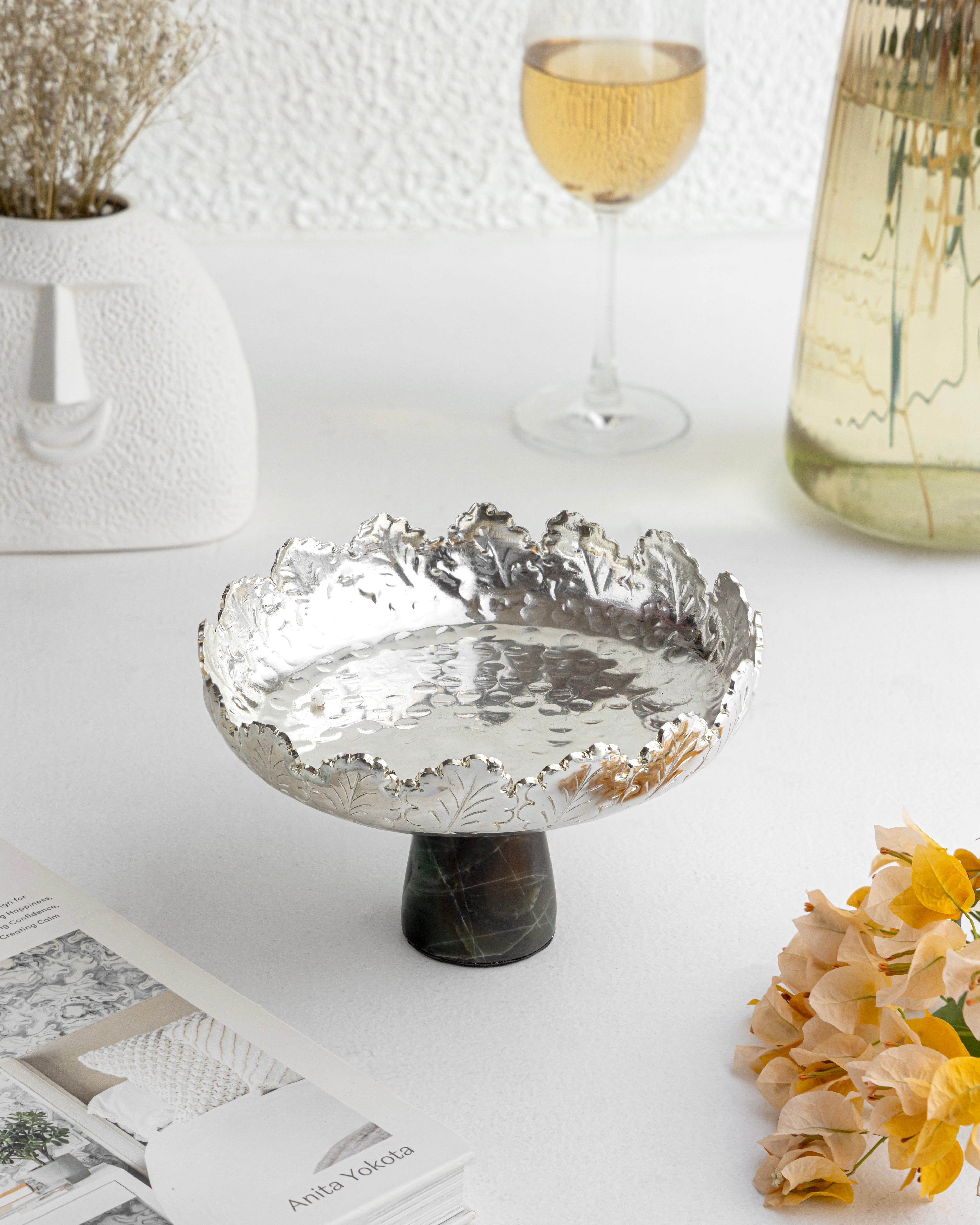 Decorative Silver Plated Bowl with Green Aventurine Base Home Decor Accent