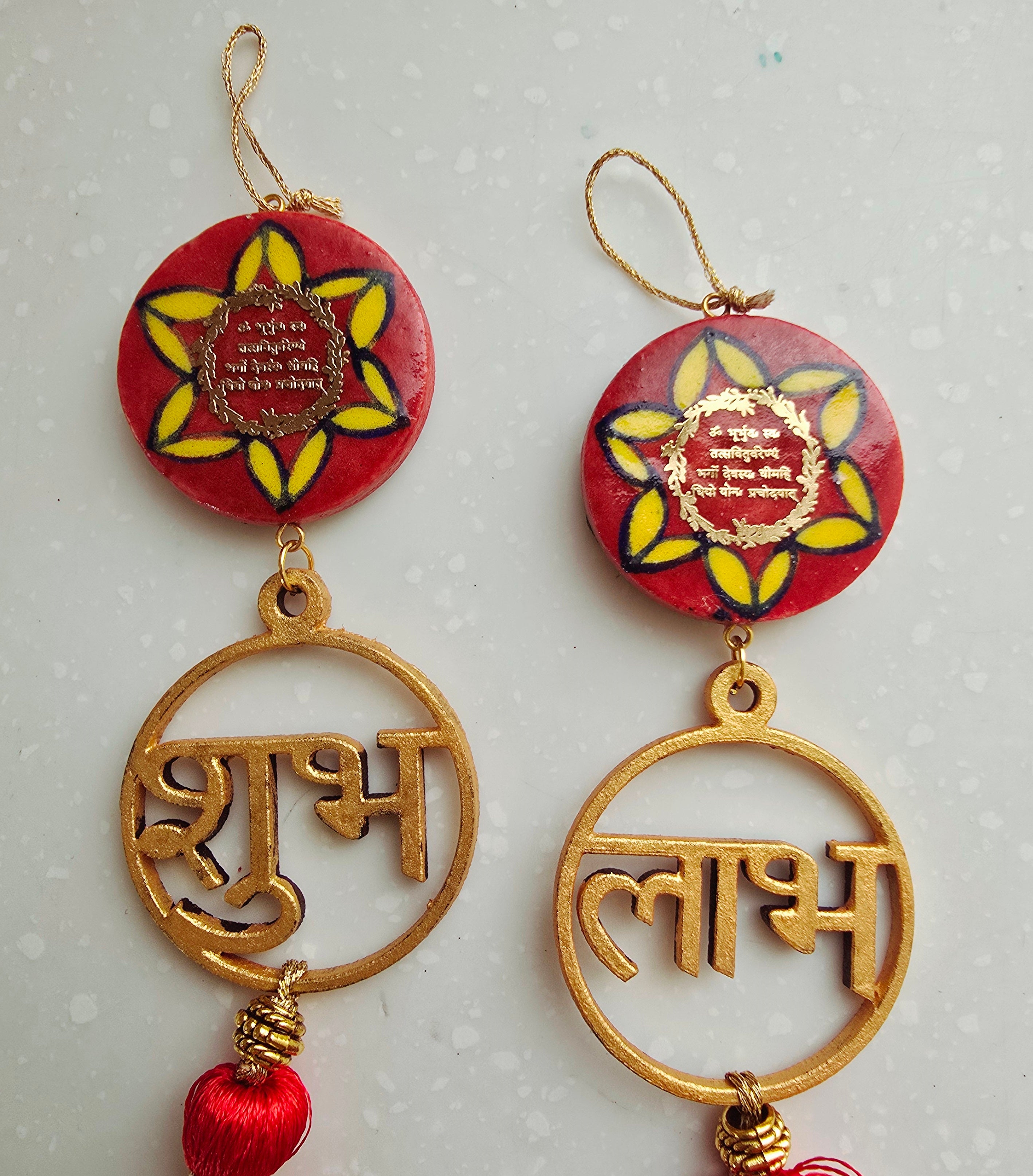 Blue Pottery Red Floral Print Gayatri Mantra Shubh Labh Door Hangings