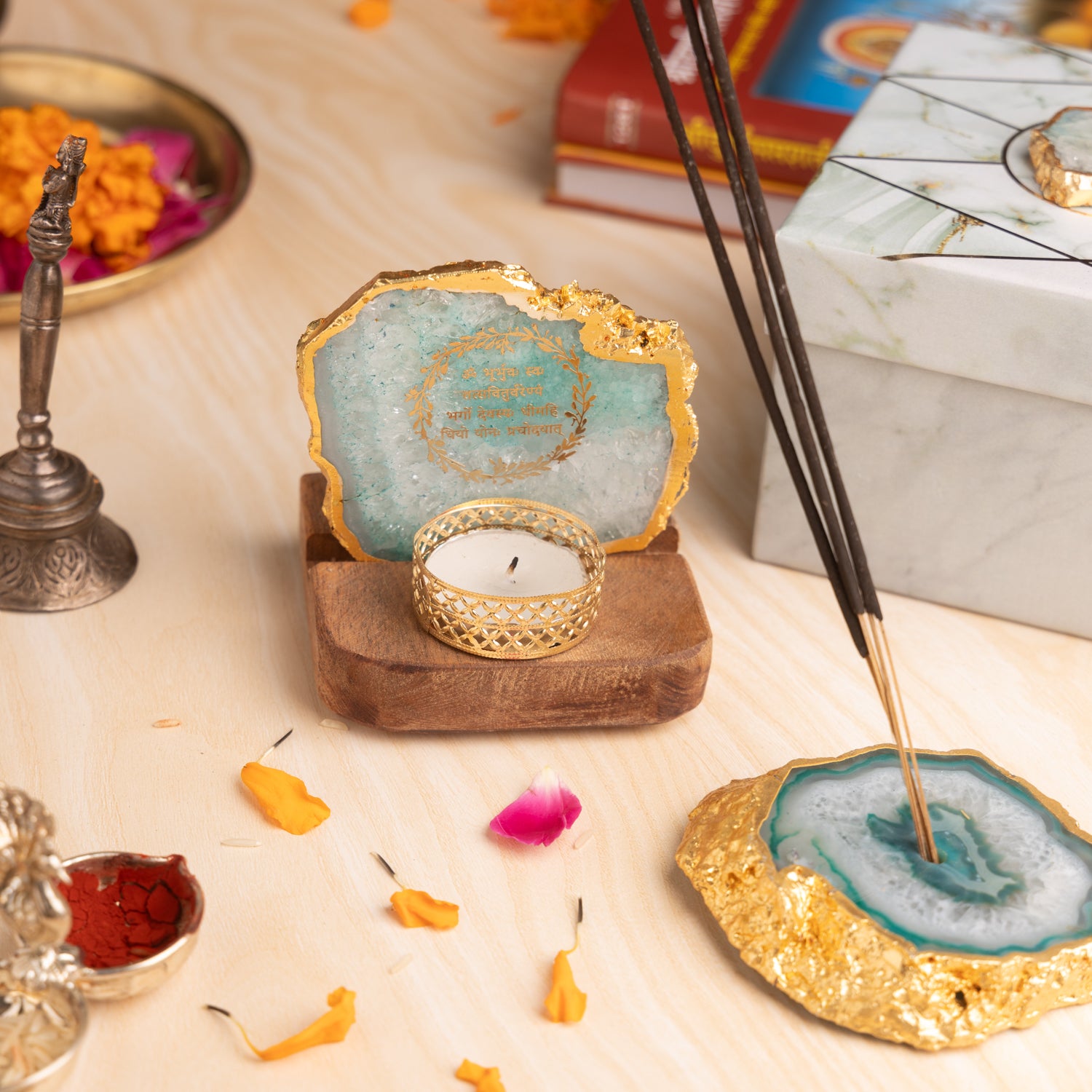 Agate Gayatri Mantra Tealight and Incense Holder Hamper