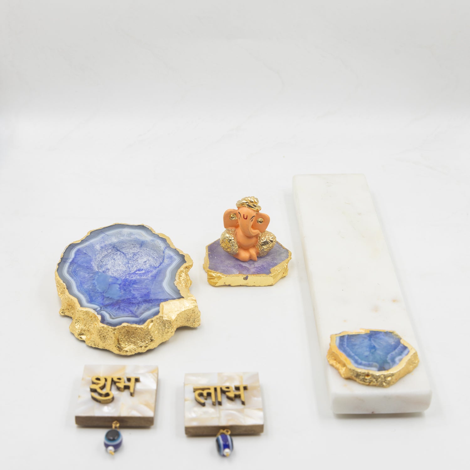 MOP Shubh Labh Ganesha Agate Base Agate Tealight and Marble Incense Holder Hamper