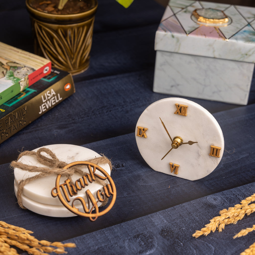 Marble Desk Clock and Set of 2 Marble Round Coasters Hamper