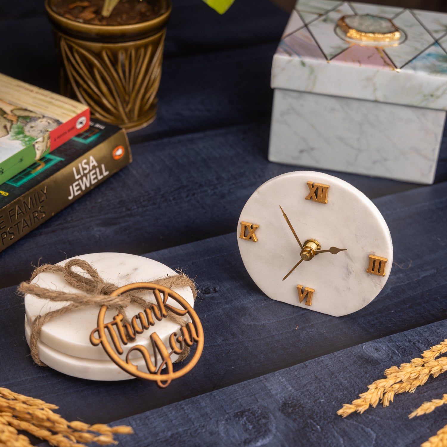 Marble Desk Clock and Set of 2 Marble Round Coasters Hamper