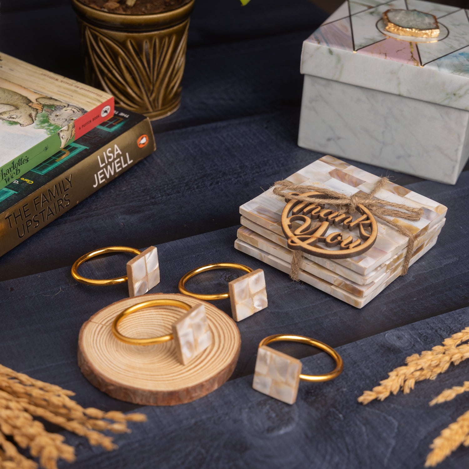 MOP Square Coasters and Square Napkin Rings Set of 4 Hamper