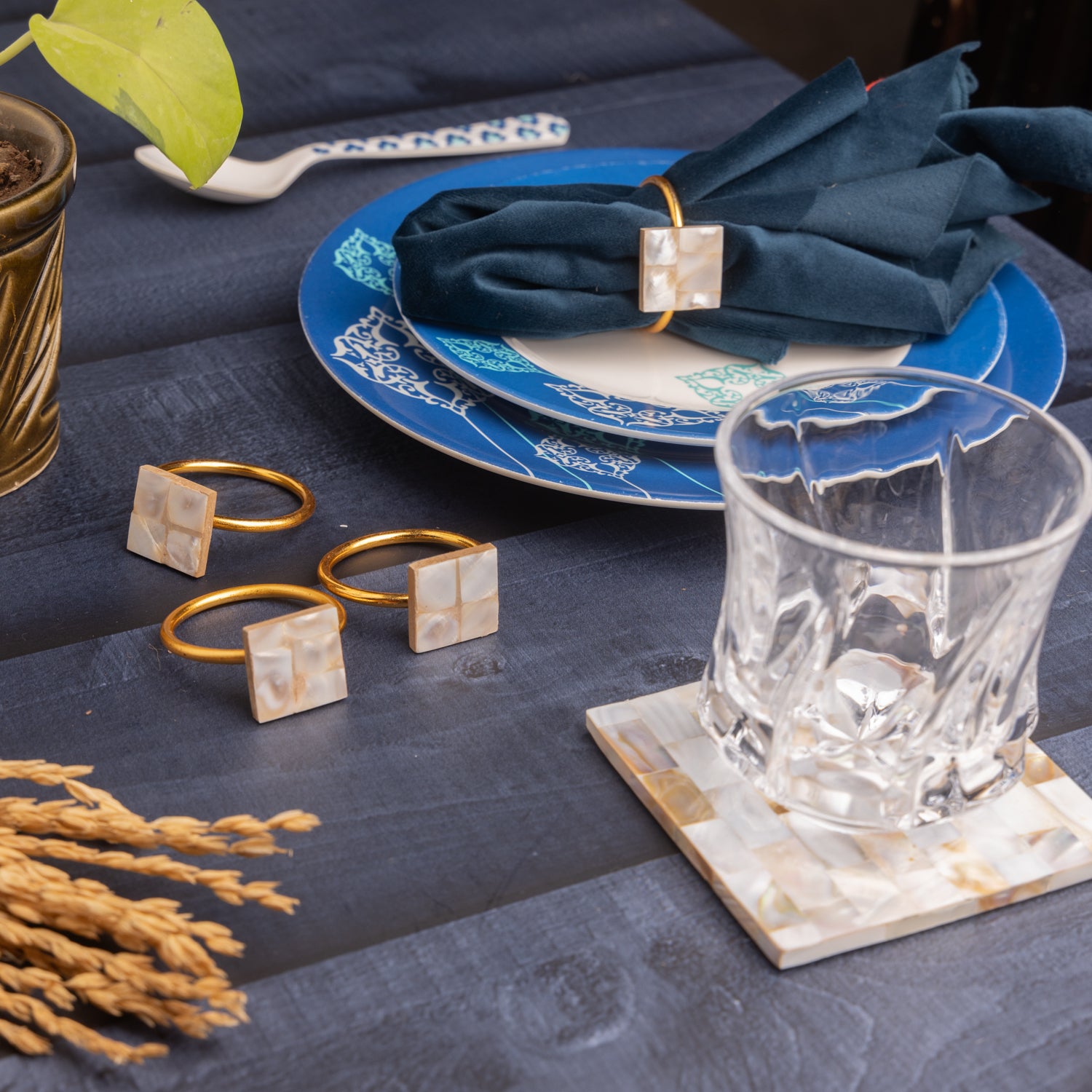 MOP Square Coasters and Square Napkin Rings Set of 4 Hamper