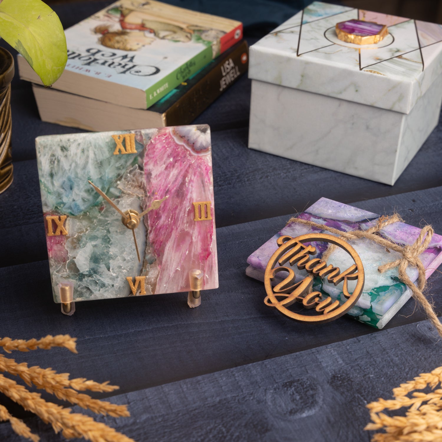 Multi Color Agate Desk Clock and set of 2 Coasters Hamper