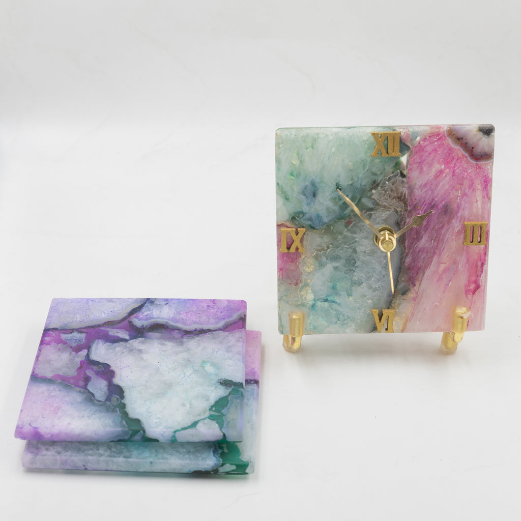 Multi Color Agate Desk Clock and set of 2 Coasters Hamper