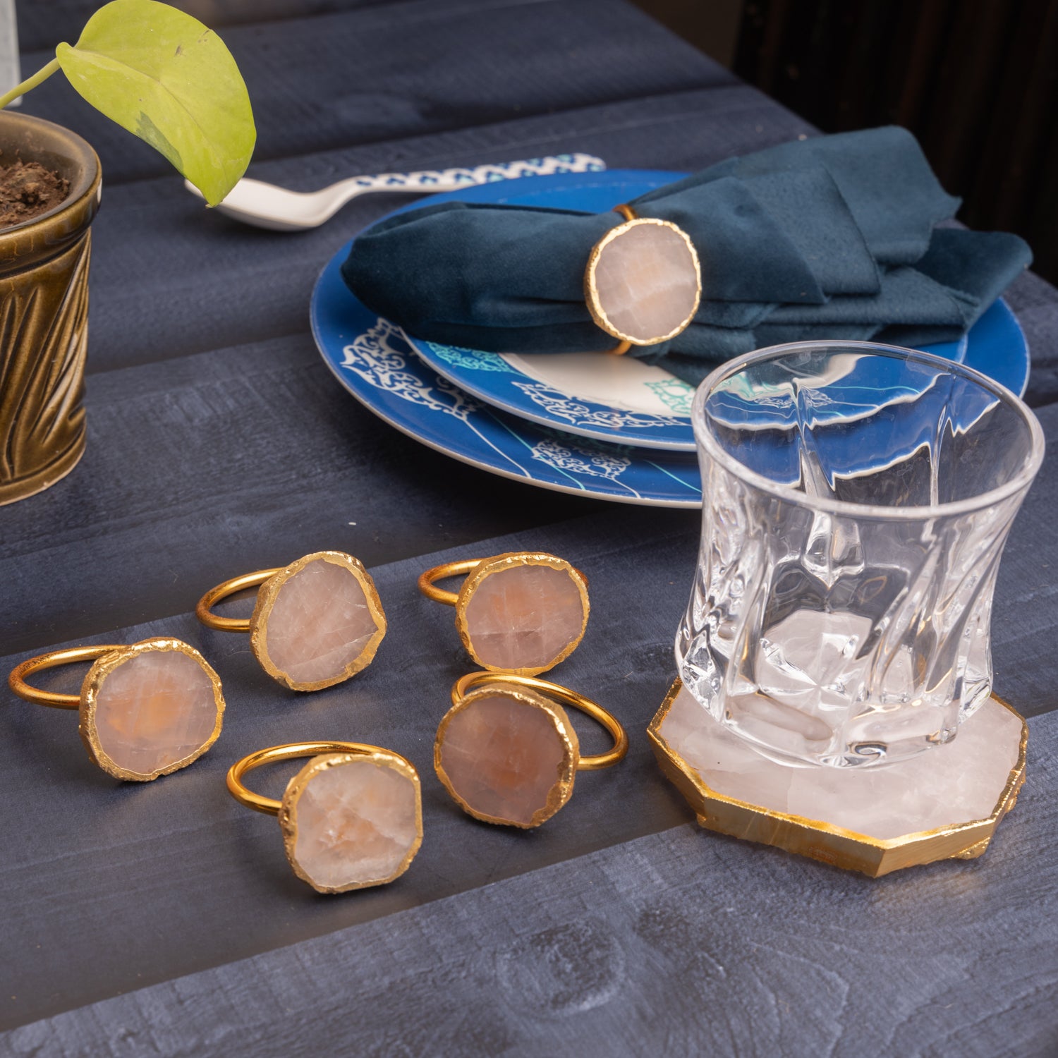 Rose Quartz Coasters and Napkin Rings Set of 6 Hamper
