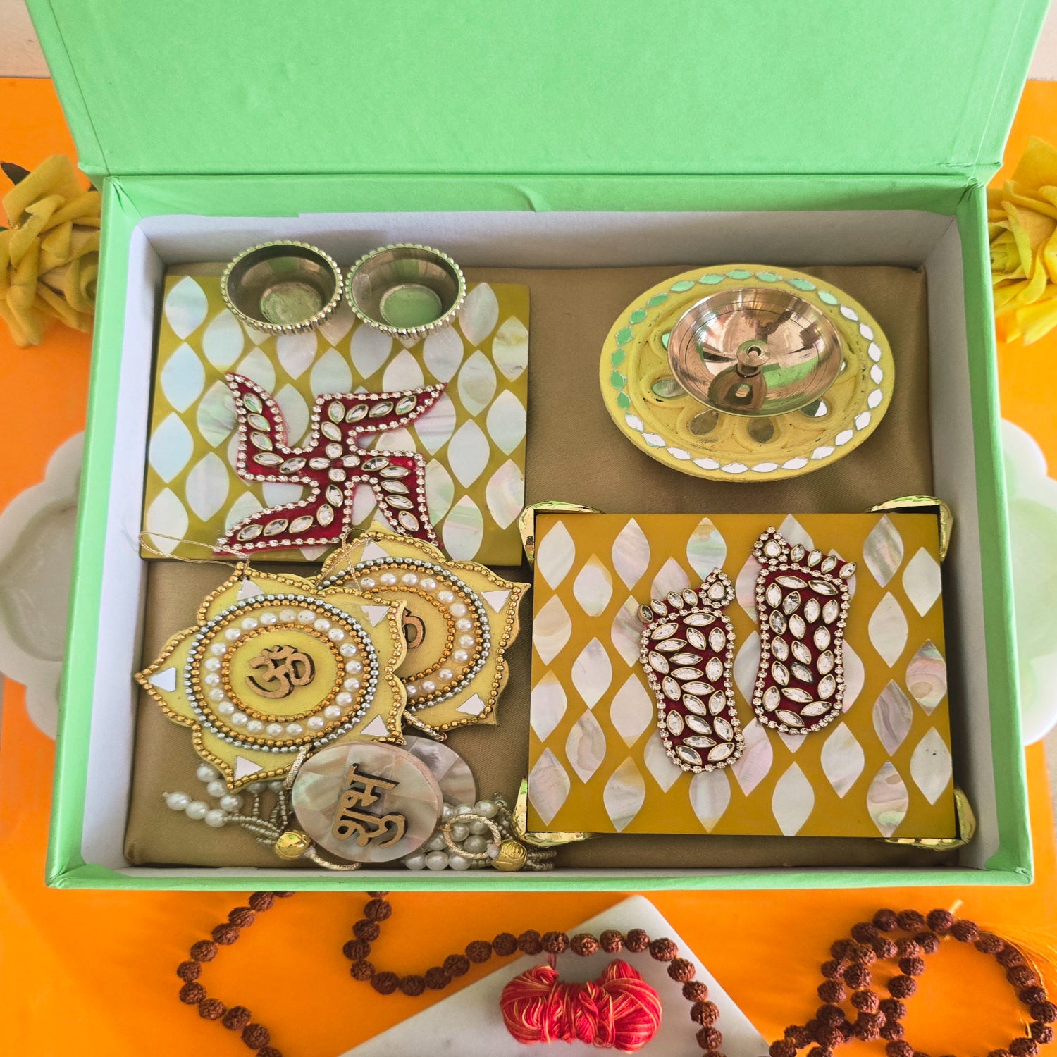 MOP Pooja Platter , MOP Laxmi Charan, MDF Diya and MDF Door Hangings