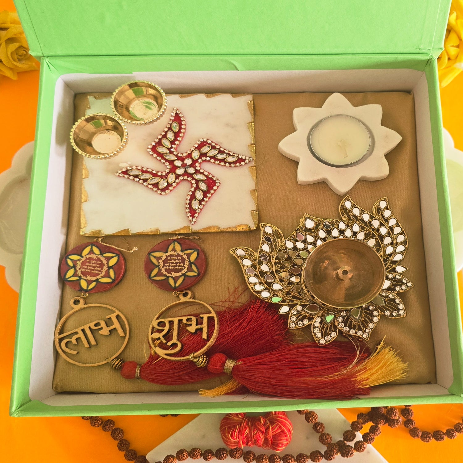 Marble Squre Pooja Platter , Marble TeaLight , Brass Lotus Diya and Blue Pottery Door Hangings