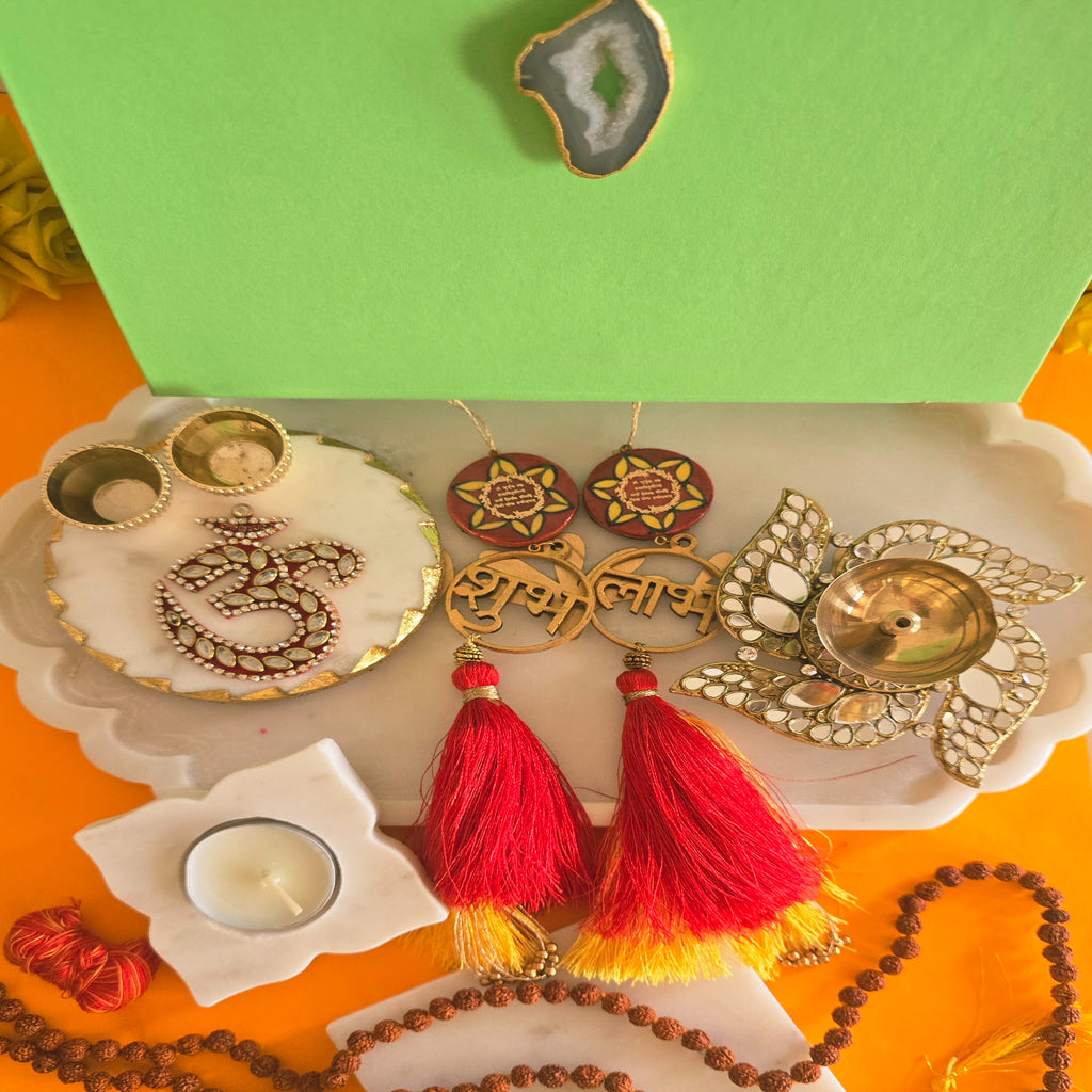 Marble Round Pooja Platter , Marble Floral TeaLight , Brass Swastik Diya and Blue Pottery Door Hangings