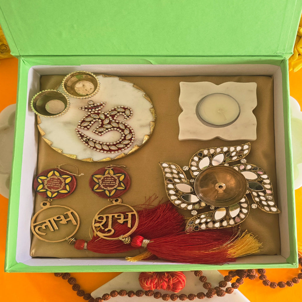 Marble Round Pooja Platter , Marble Floral TeaLight , Brass Swastik Diya and Blue Pottery Door Hangings