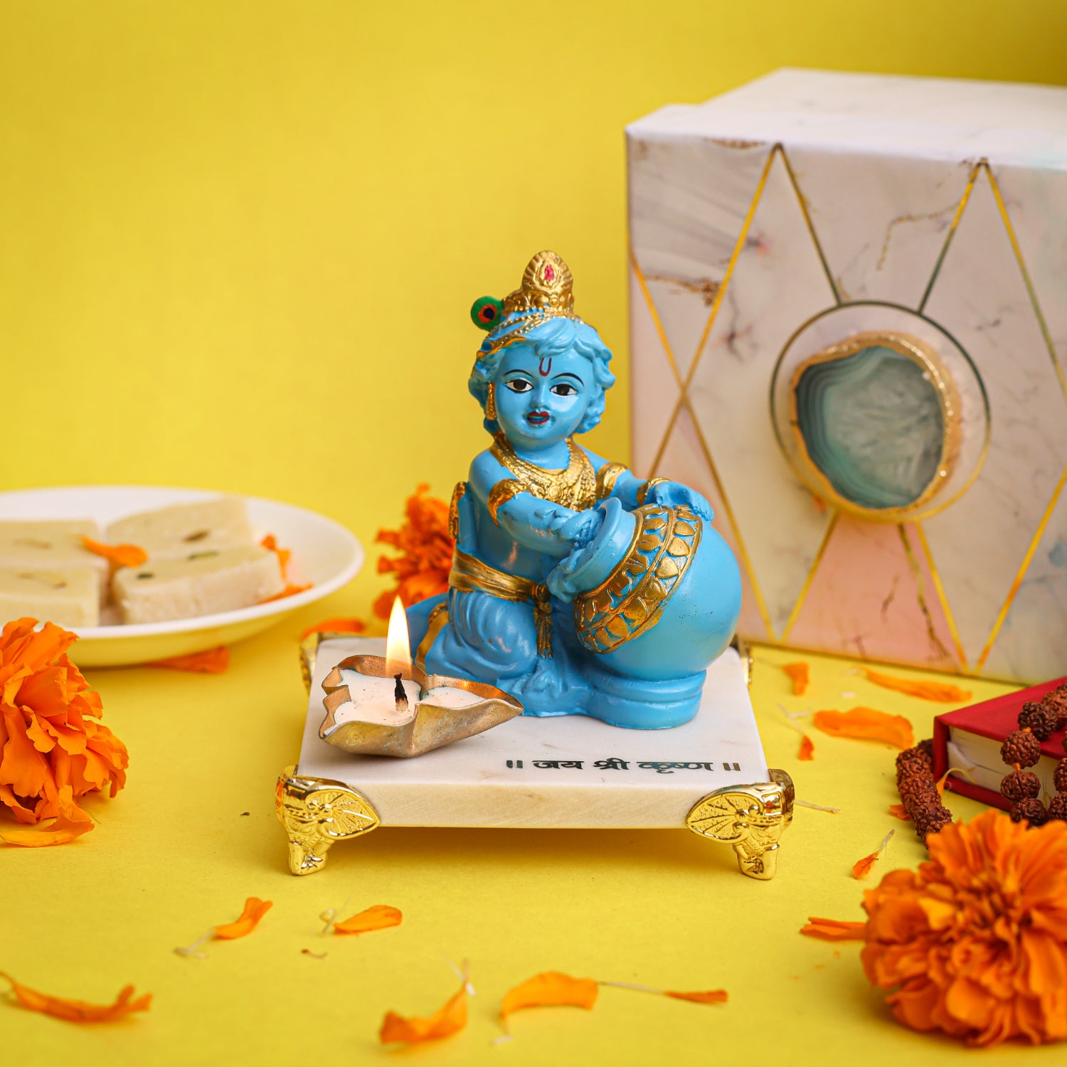 Blue Krishna With Marble Choki And Candles