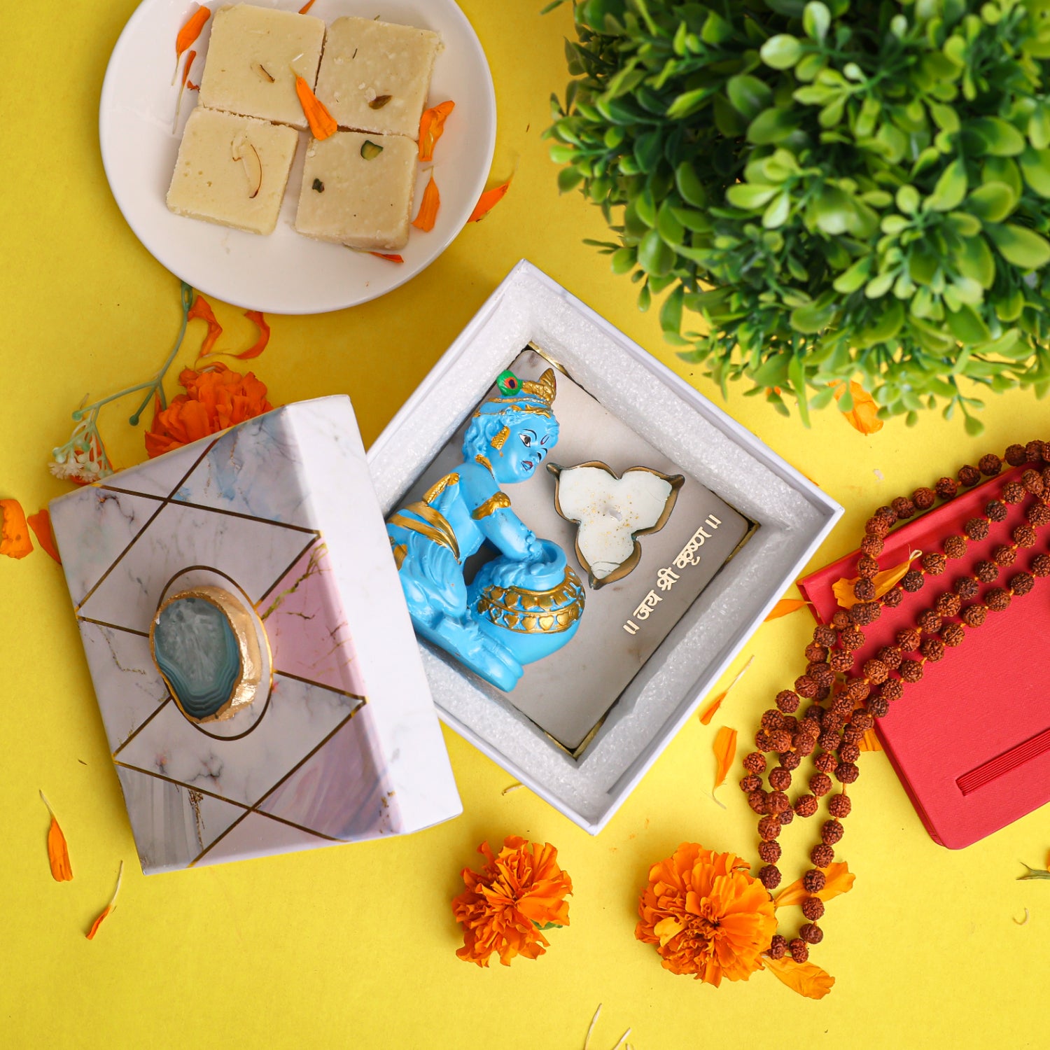 Blue Krishna With Marble Choki And Candles