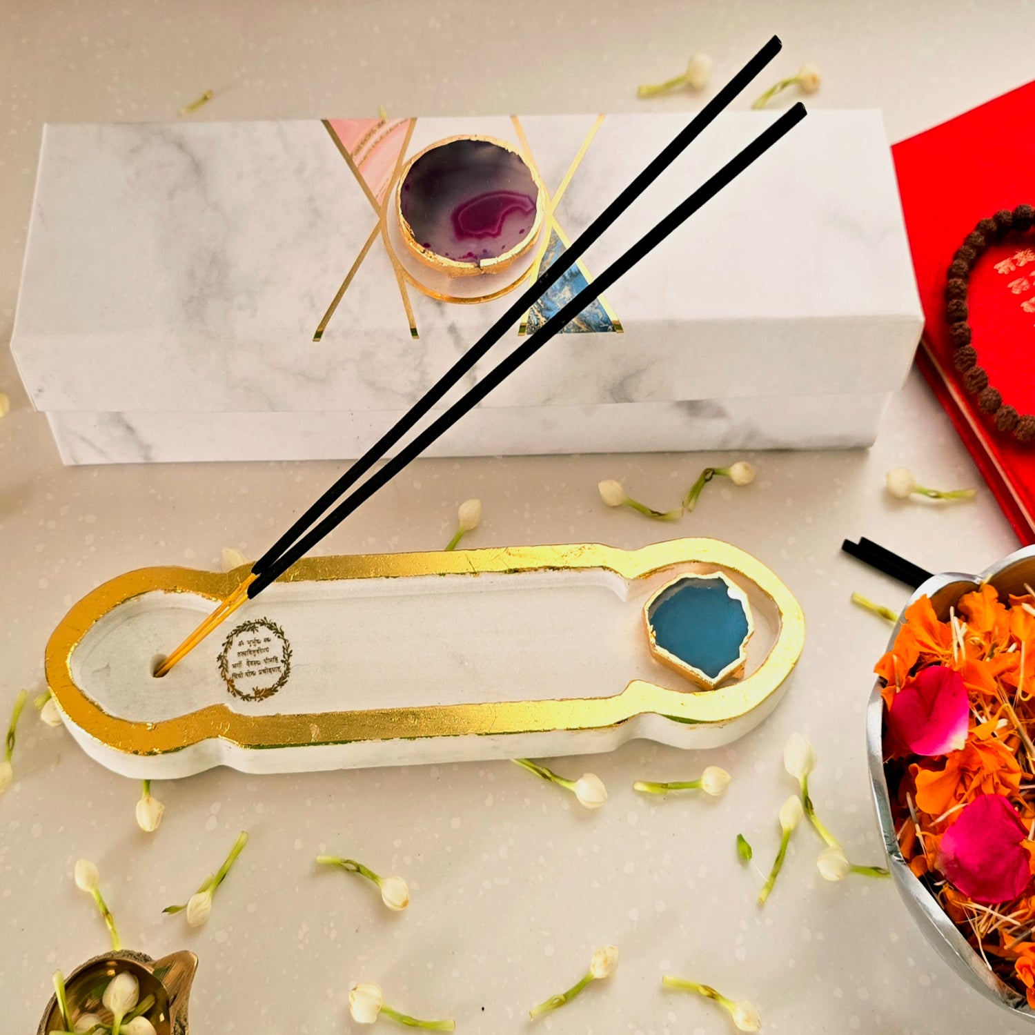 White Marble Gaytri Mantra Agarbatti Stand