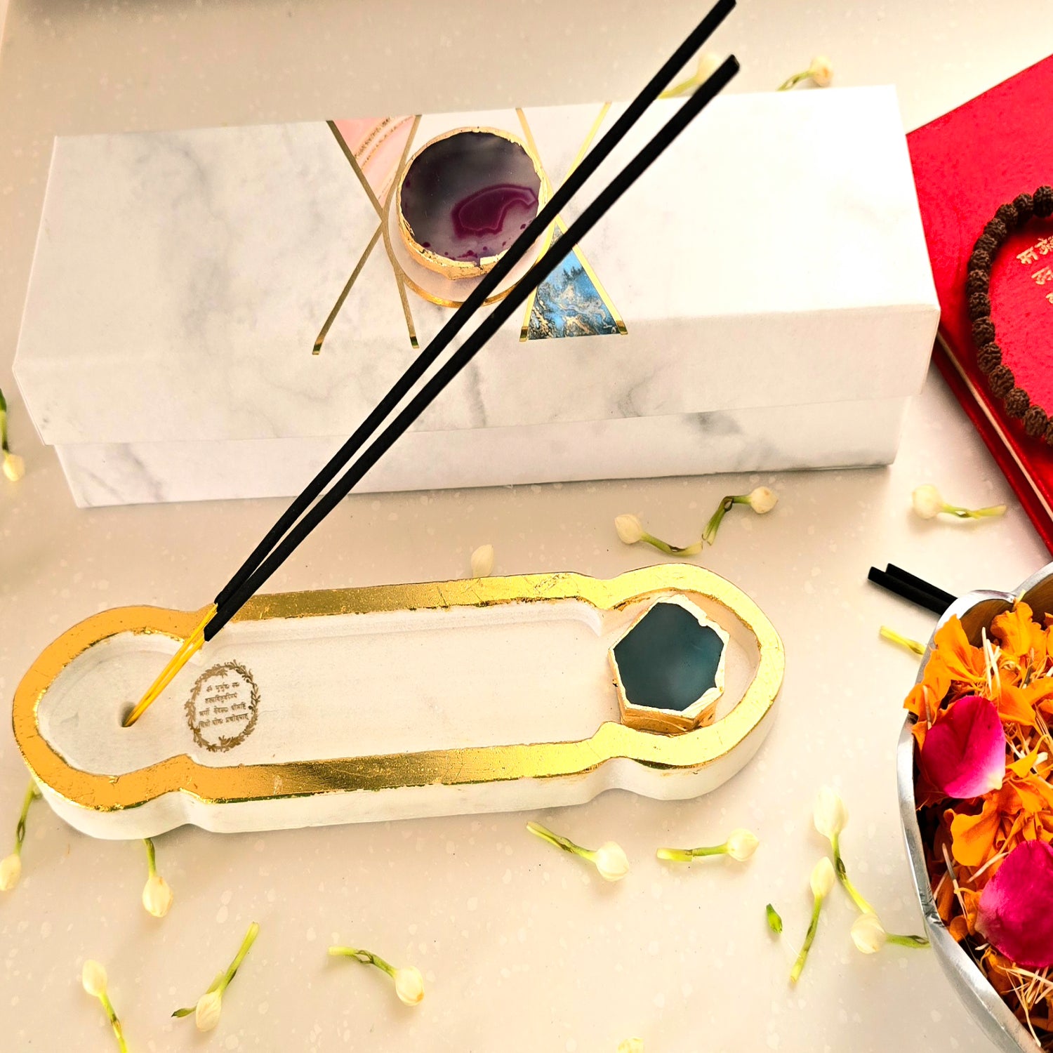 White Marble Gaytri Mantra Agarbatti Stand