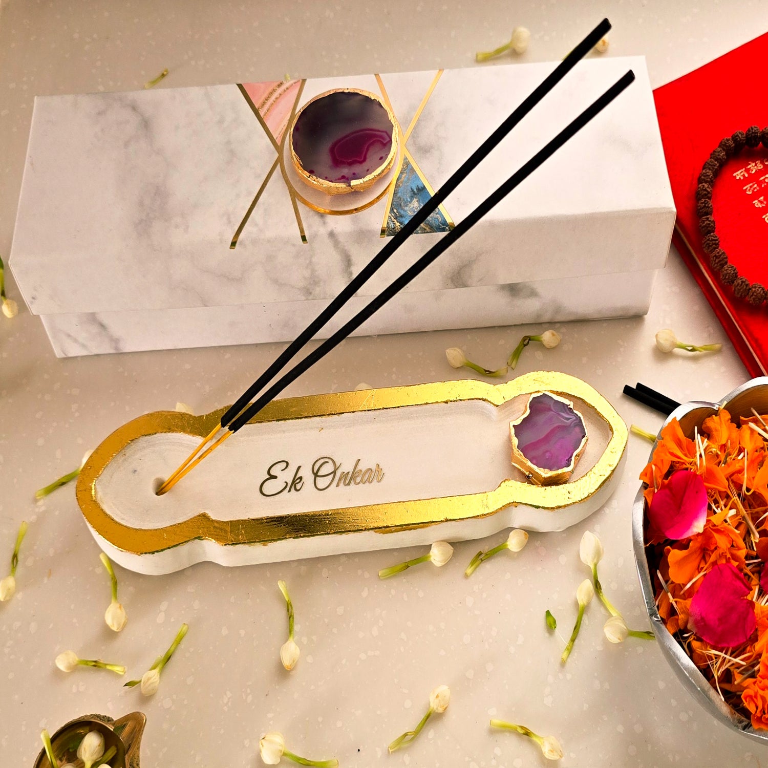 White Marble Ik Onkar Mantra Agarbatti Stand