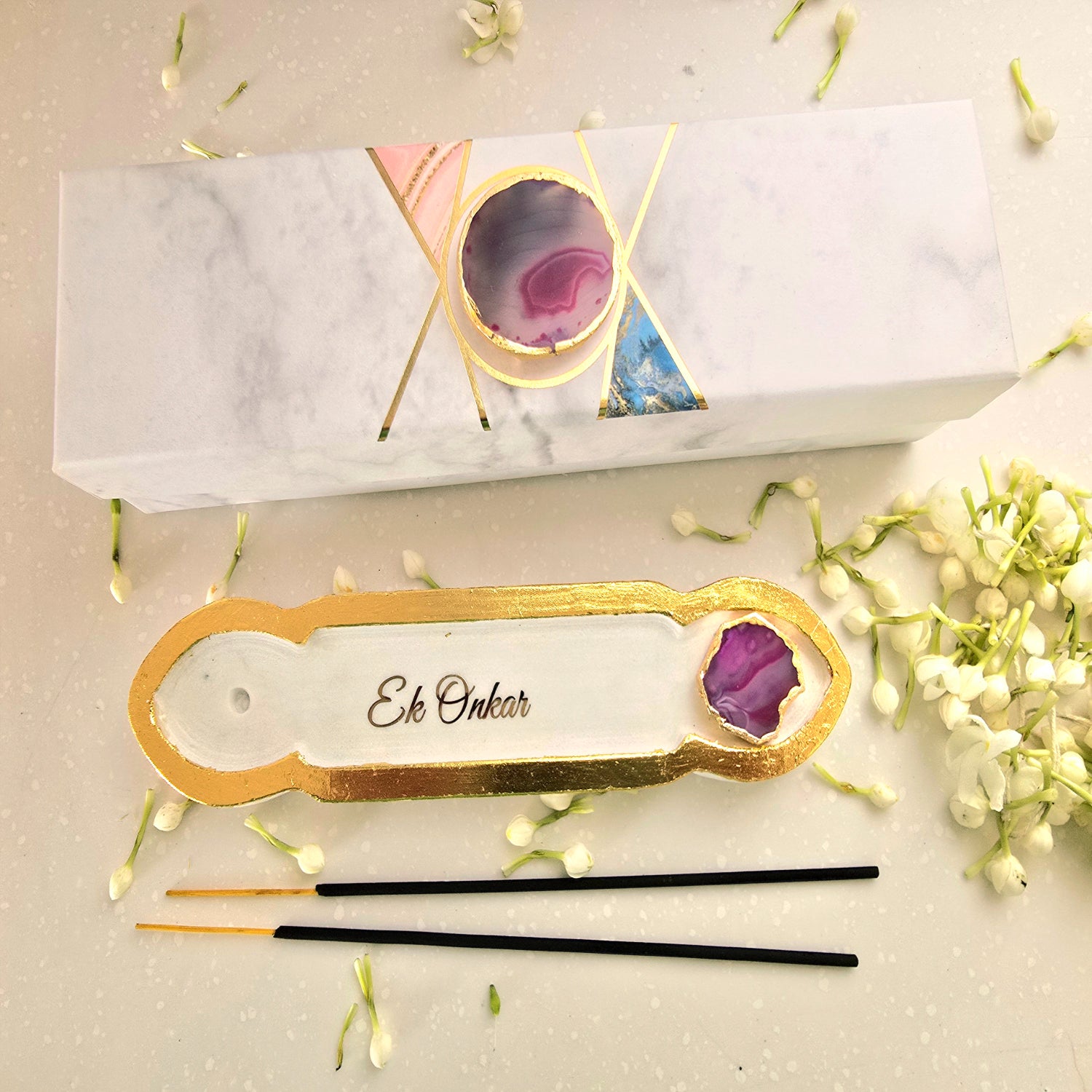 White Marble Ik Onkar Mantra Agarbatti Stand