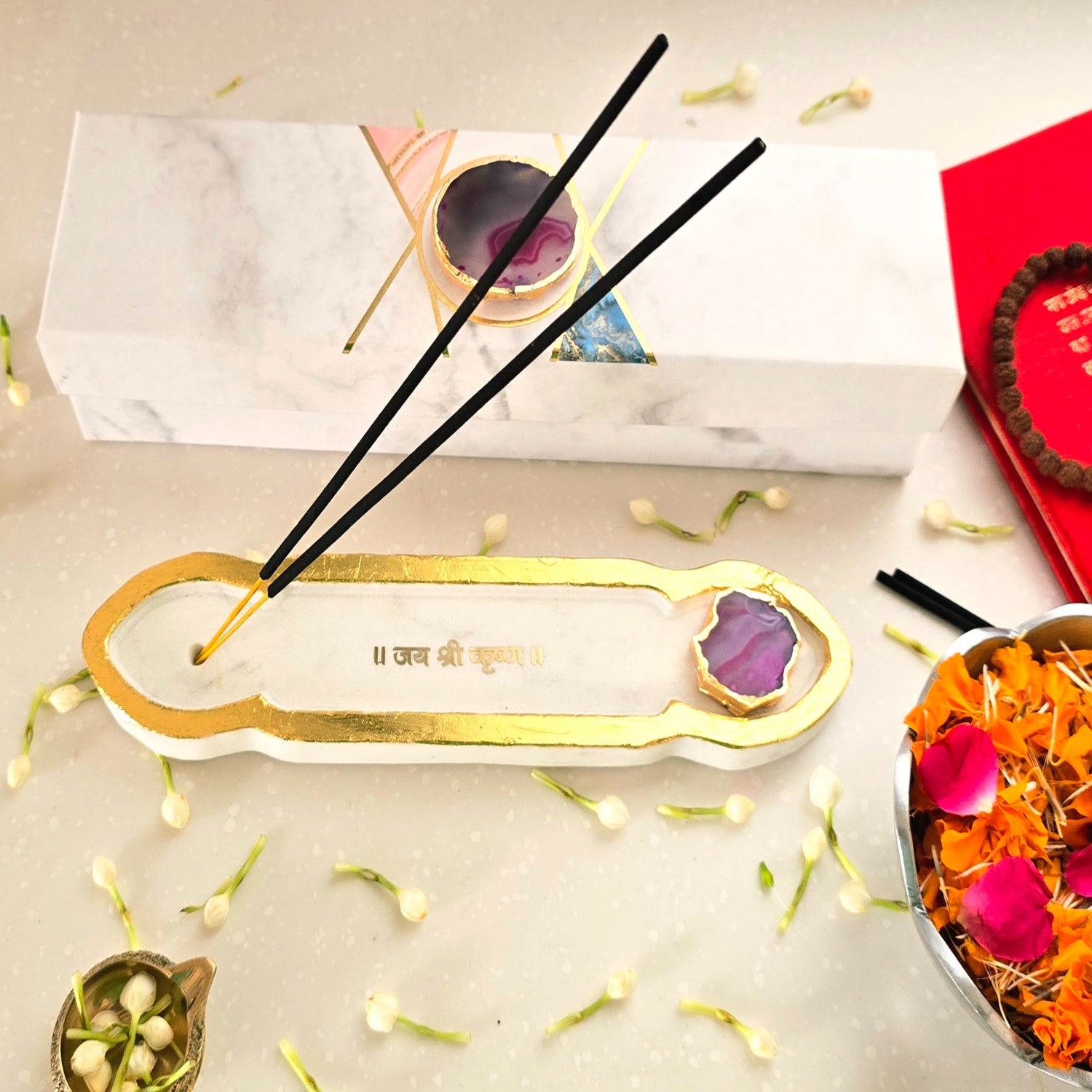 White Marble Jai Shree Krishna Agarbatti Stand