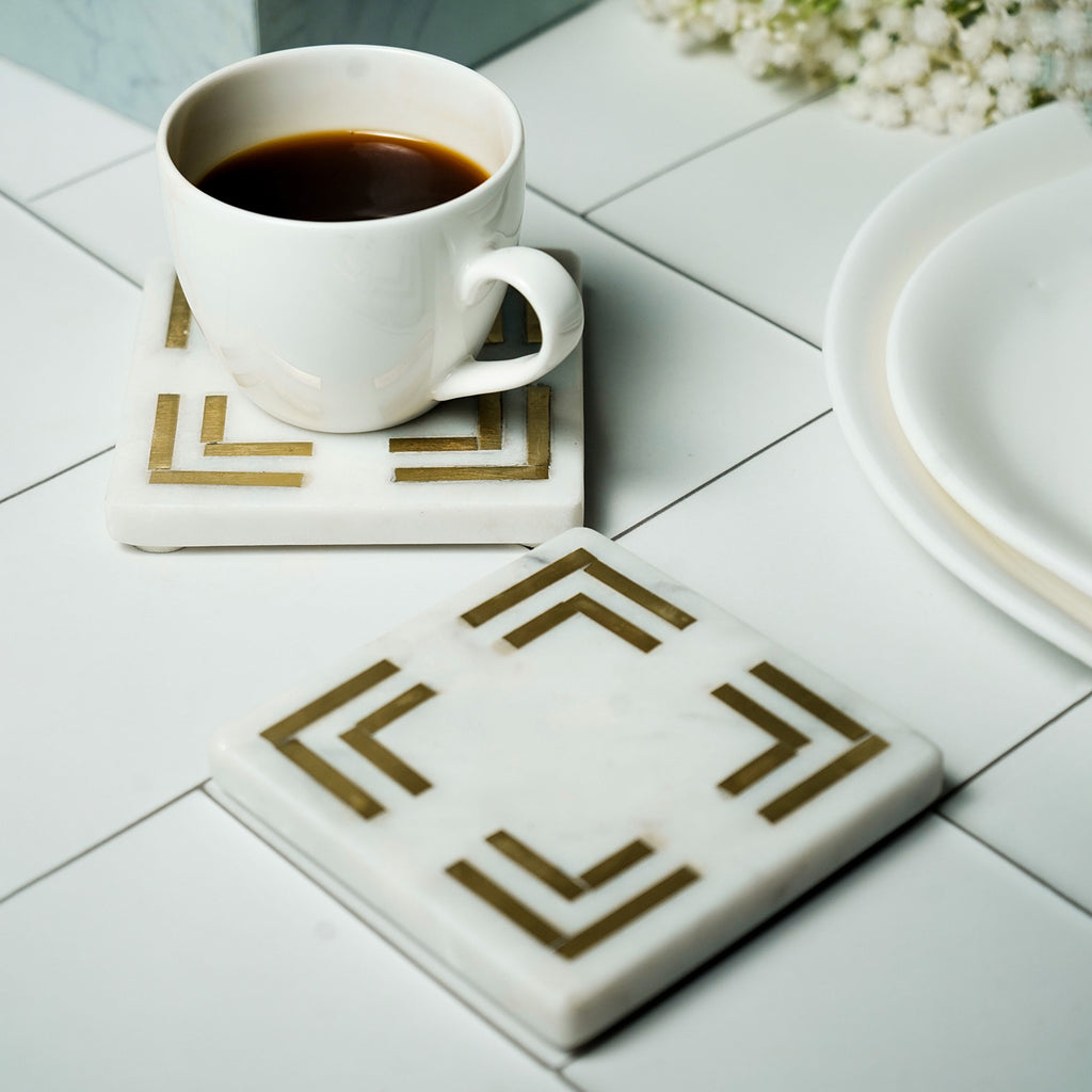 White Marble Square Coaster with Brass Inlay Set of 2
