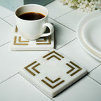 White Marble Square Coaster with Brass Inlay Set of 2