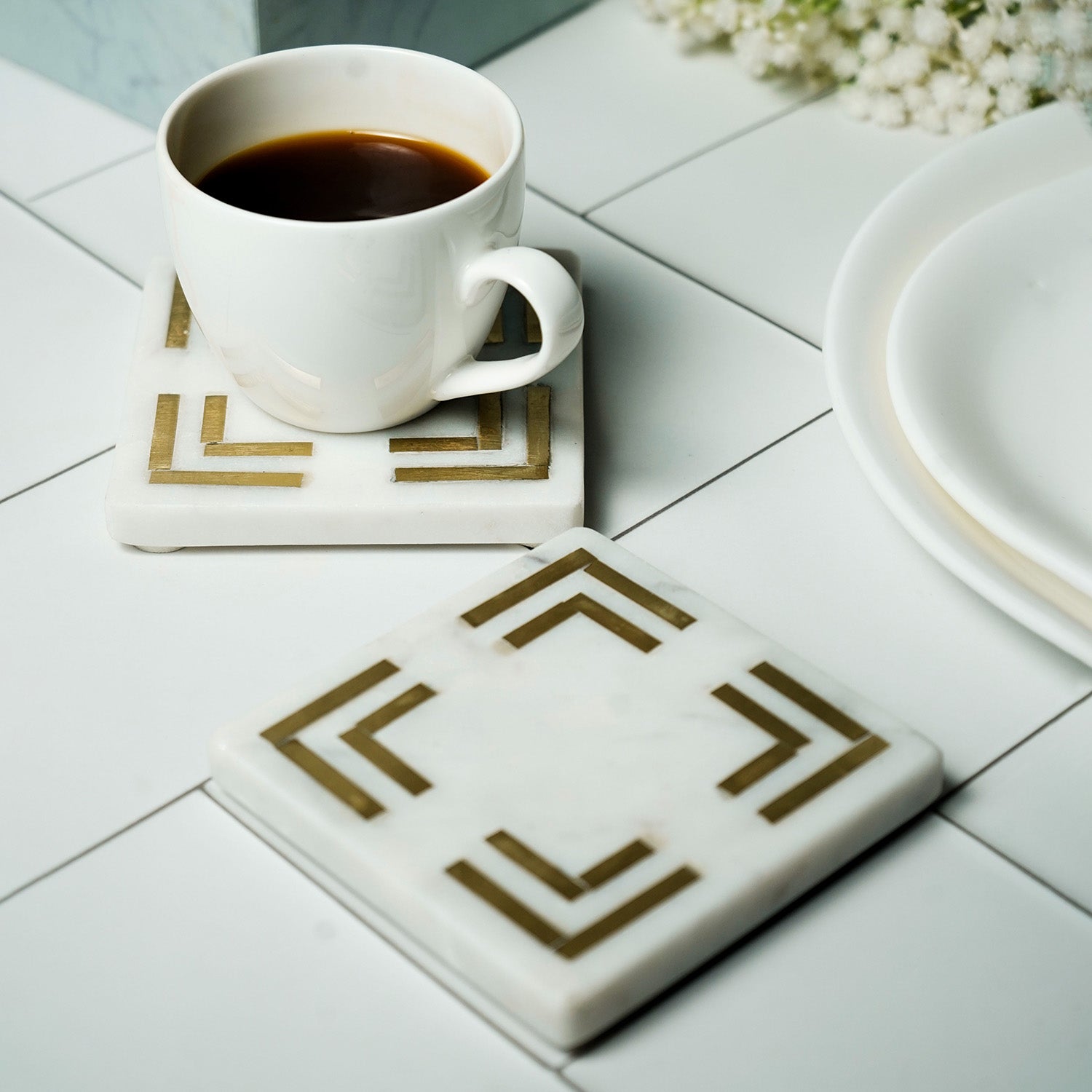 White Marble Square Coaster with Brass Inlay Set of 2